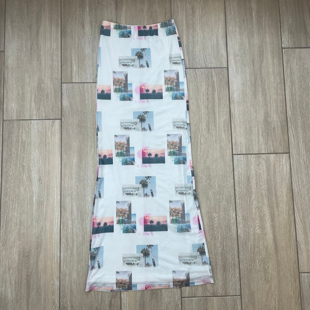 Princess Polly Maxi Skirt Womens US 2 White Mesh Palm Tree Photo Print Y2K